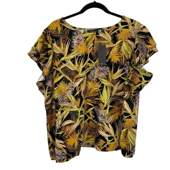 Rafaella Top Plus Size 2X Tropical Linen Blend Flutter Sleeve Roundneck Pullover - Picture 1 of 10